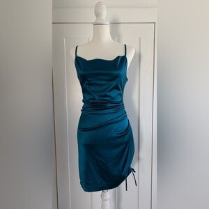 Honey and Rosie Teal Satin Cowl Neck Mini Dress- Junior Size M
